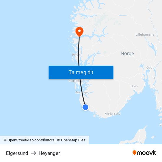 Eigersund to Høyanger map