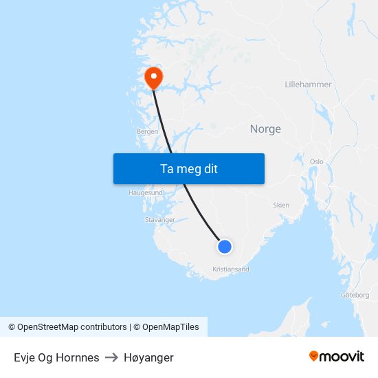 Evje Og Hornnes to Høyanger map