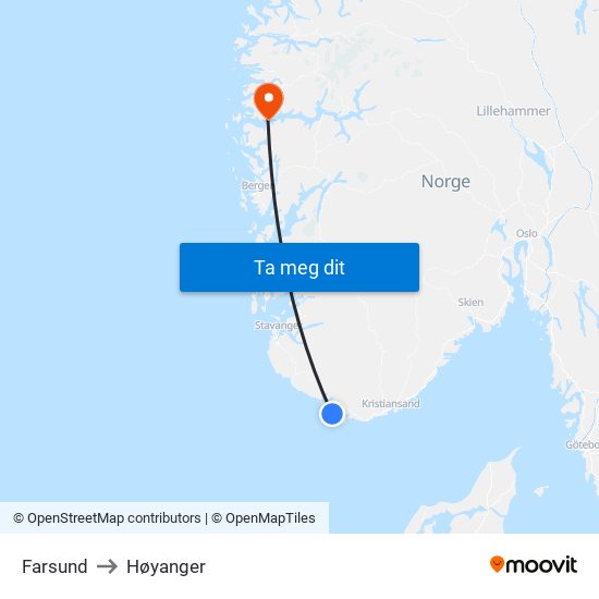 Farsund to Høyanger map