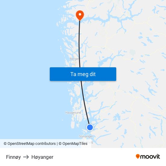 Finnøy to Høyanger map