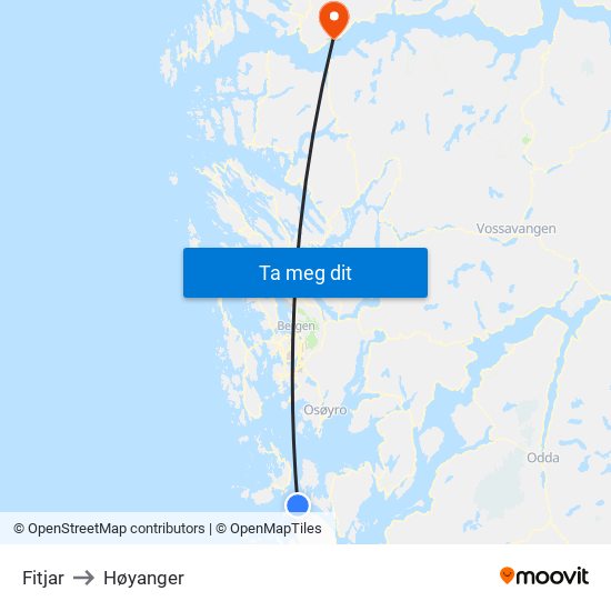 Fitjar to Høyanger map