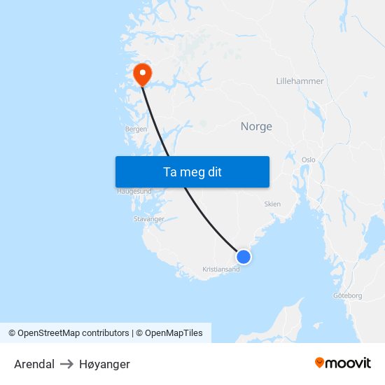 Arendal to Høyanger map