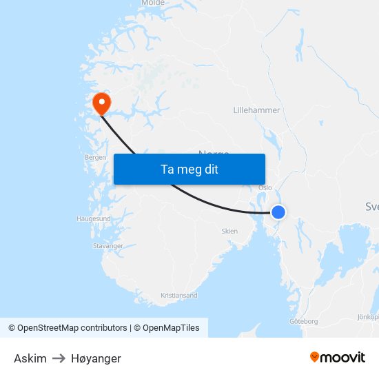 Askim to Høyanger map