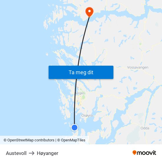 Austevoll to Høyanger map