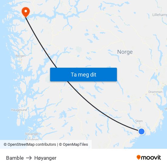 Bamble to Høyanger map