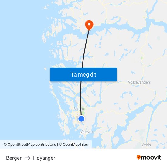 Bergen to Høyanger map