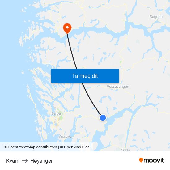 Kvam to Høyanger map