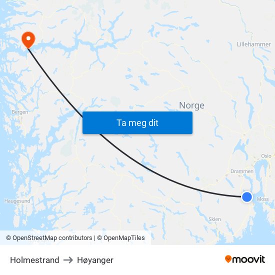 Holmestrand to Høyanger map