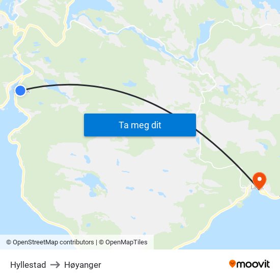 Hyllestad to Høyanger map