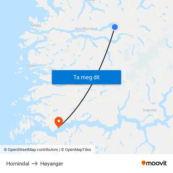 Hornindal to Høyanger map