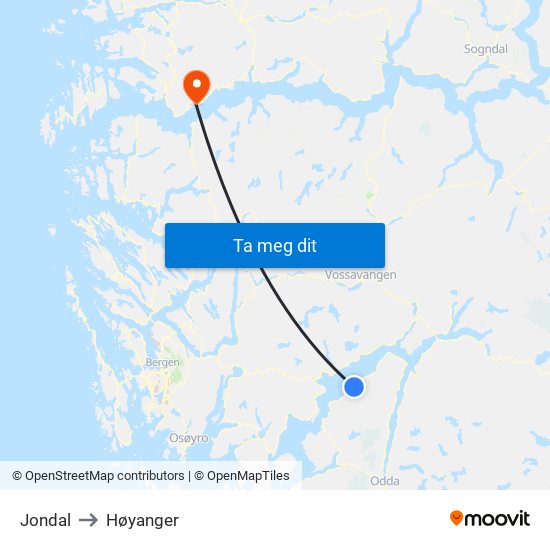 Jondal to Høyanger map