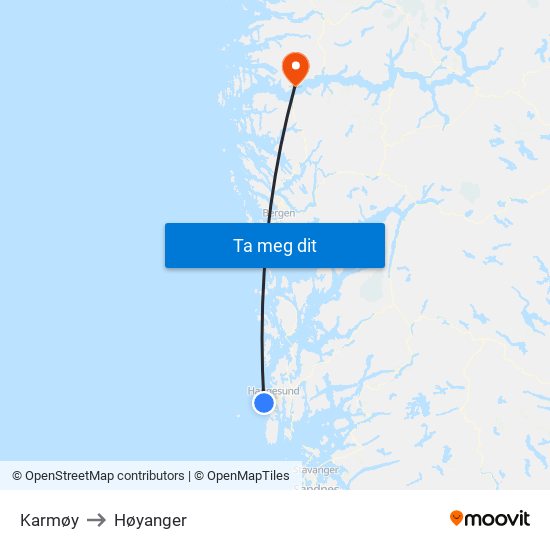 Karmøy to Høyanger map