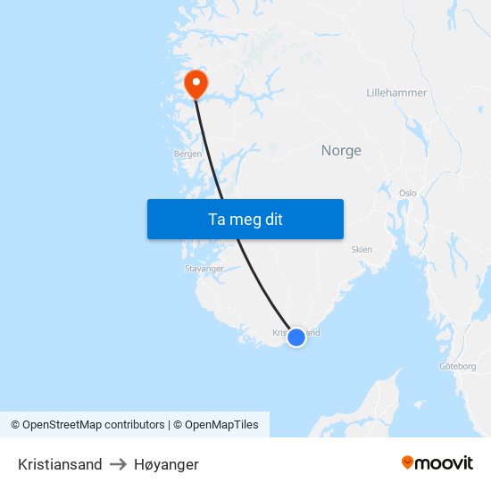 Kristiansand to Høyanger map