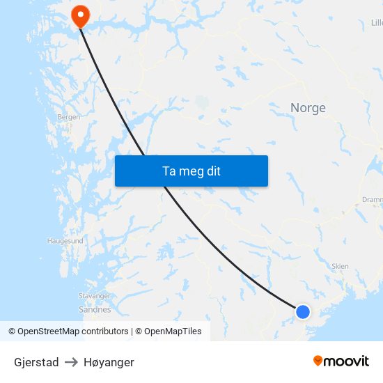 Gjerstad to Høyanger map