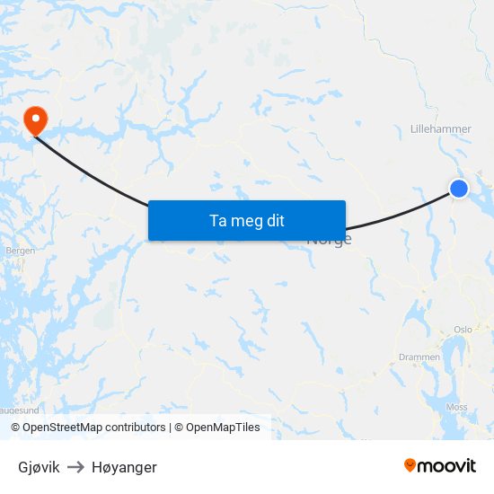 Gjøvik to Høyanger map