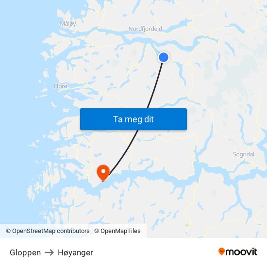 Gloppen to Høyanger map