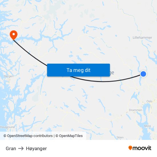 Gran to Høyanger map