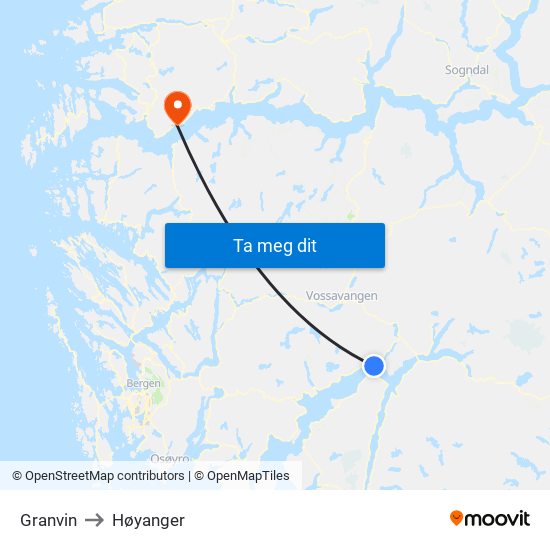 Granvin to Høyanger map