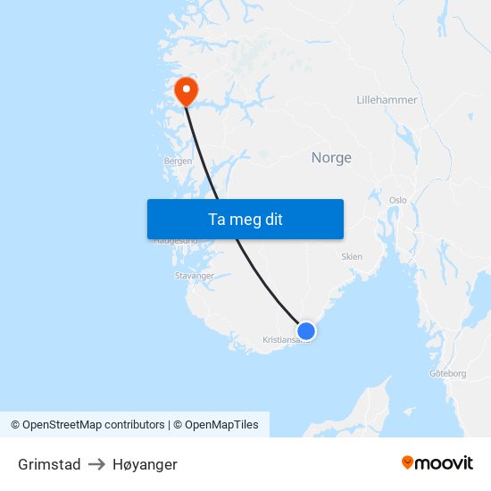 Grimstad to Høyanger map