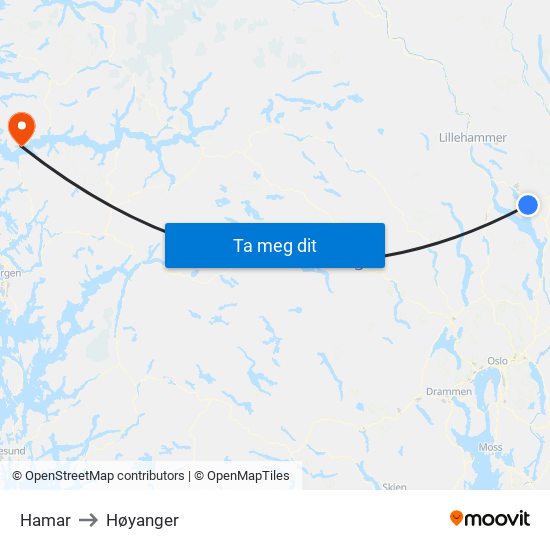 Hamar to Høyanger map