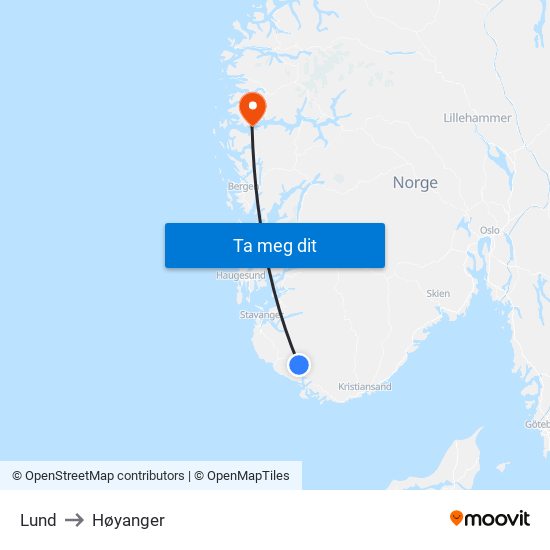 Lund to Høyanger map