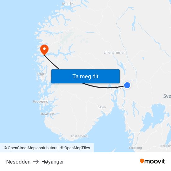 Nesodden to Høyanger map