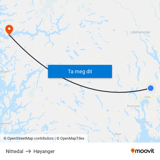 Nittedal to Høyanger map