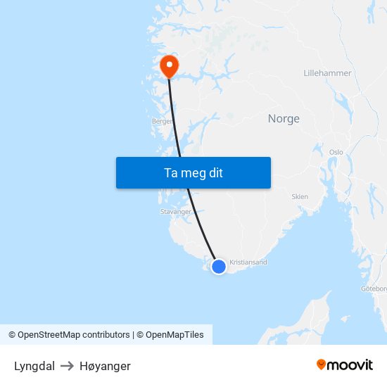Lyngdal to Høyanger map
