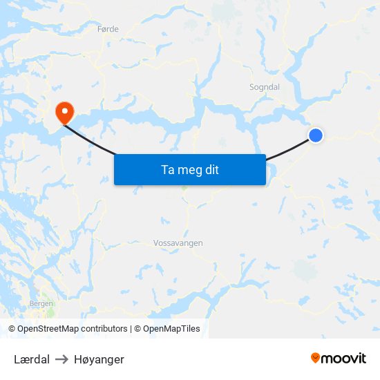 Lærdal to Høyanger map