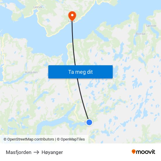Masfjorden to Høyanger map