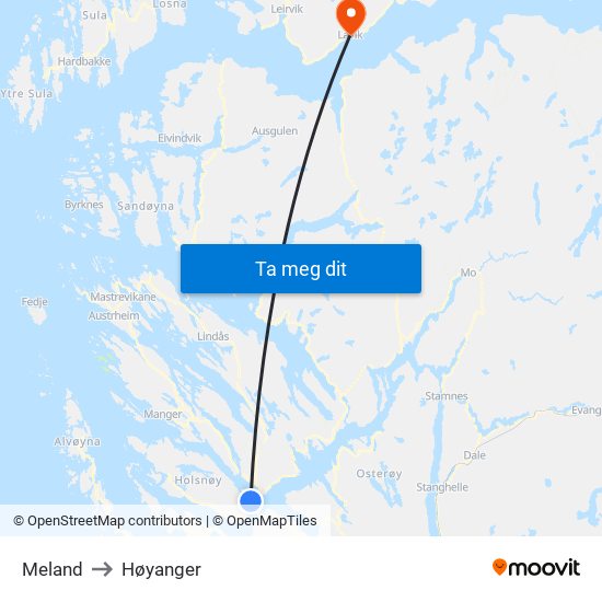 Meland to Høyanger map