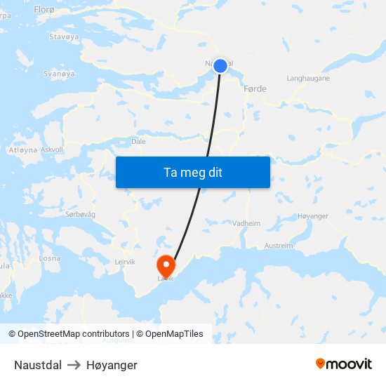 Naustdal to Høyanger map