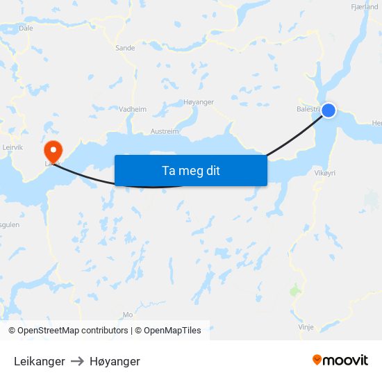 Leikanger to Høyanger map