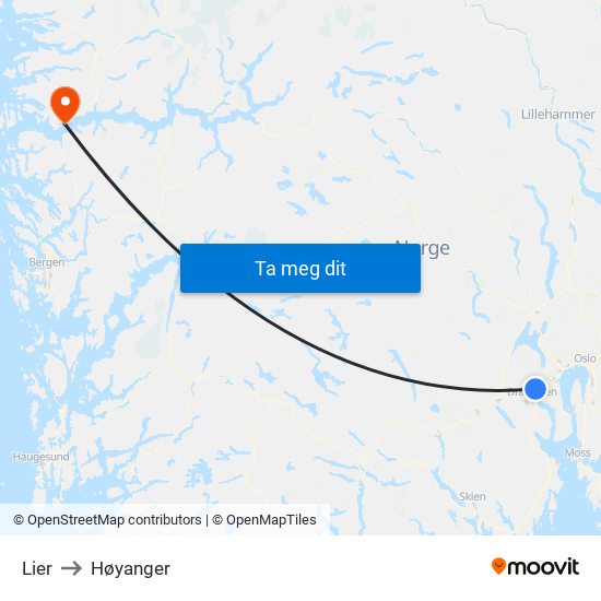 Lier to Høyanger map