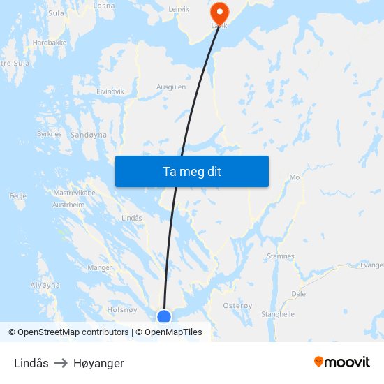 Lindås to Høyanger map