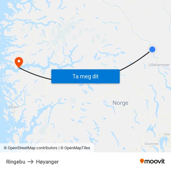 Ringebu to Høyanger map