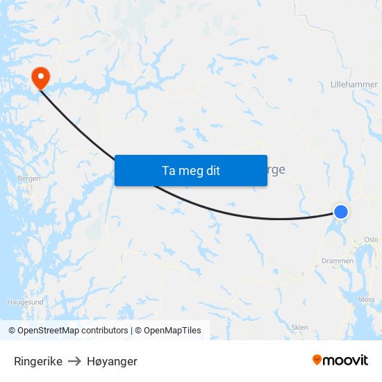 Ringerike to Høyanger map