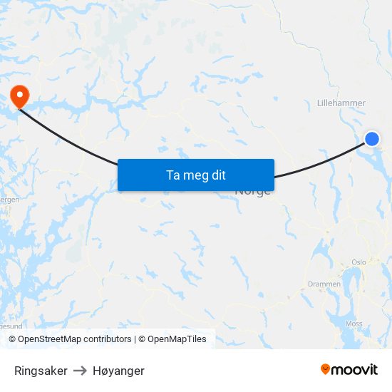 Ringsaker to Høyanger map