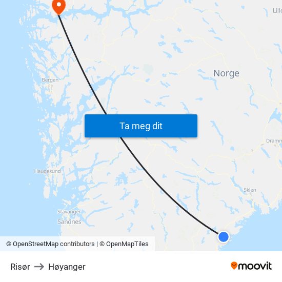 Risør to Høyanger map