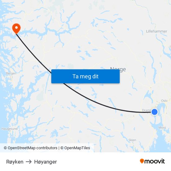 Røyken to Høyanger map
