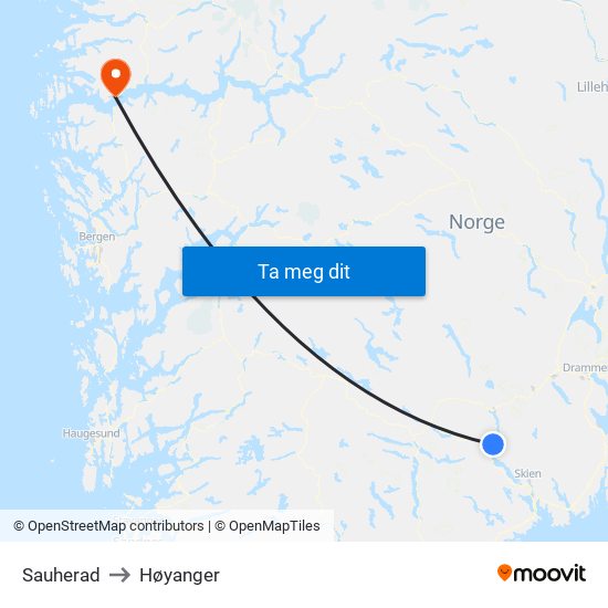 Sauherad to Høyanger map