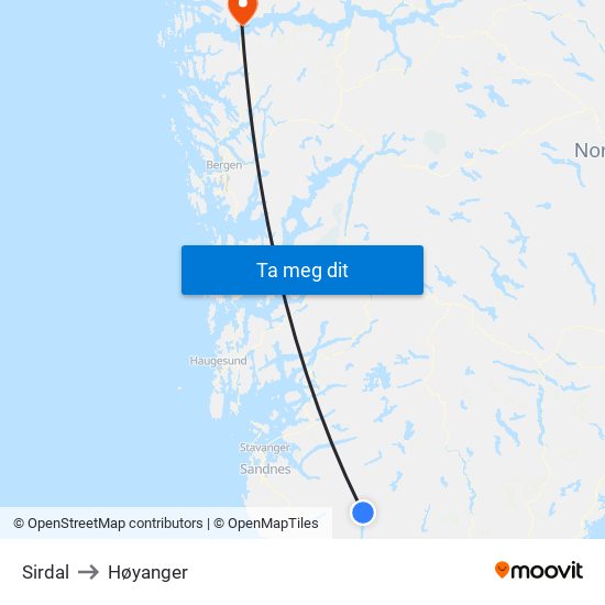 Sirdal to Høyanger map