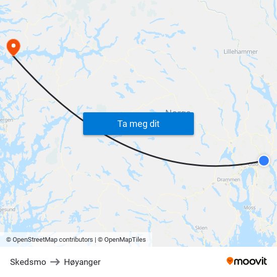 Skedsmo to Høyanger map