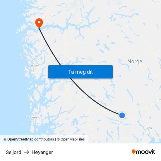 Seljord to Høyanger map
