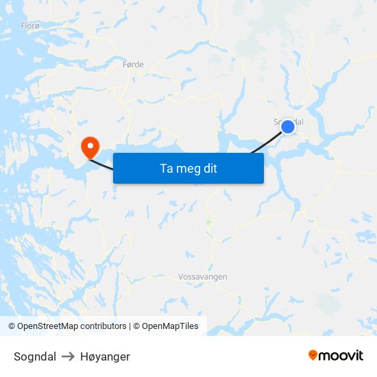Sogndal to Høyanger map