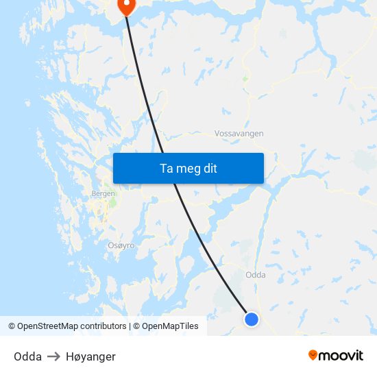 Odda to Høyanger map