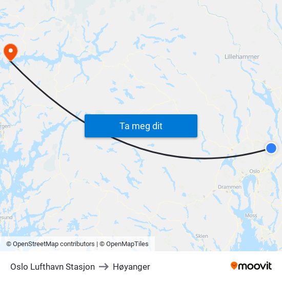 Oslo Lufthavn Stasjon to Høyanger map