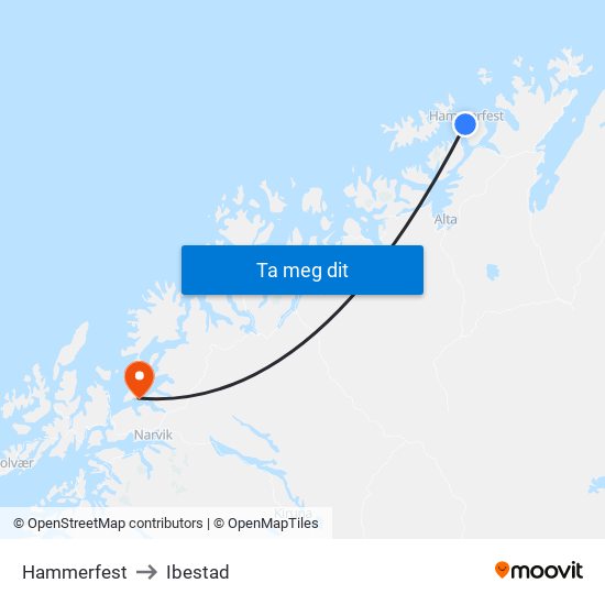 Hammerfest to Ibestad map