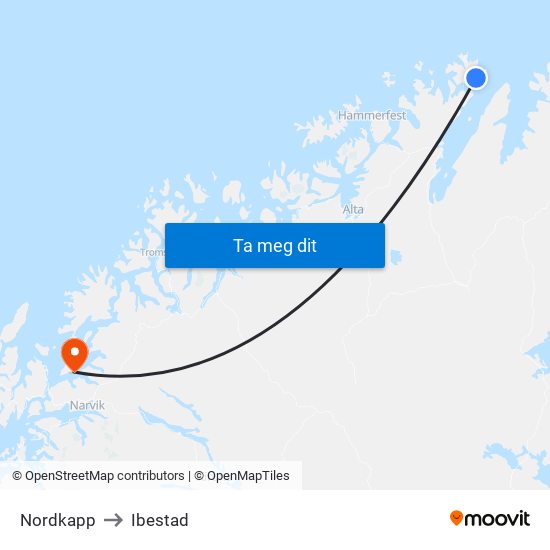 Nordkapp to Ibestad map
