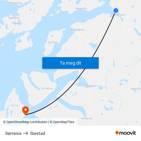 Sørreisa to Ibestad map